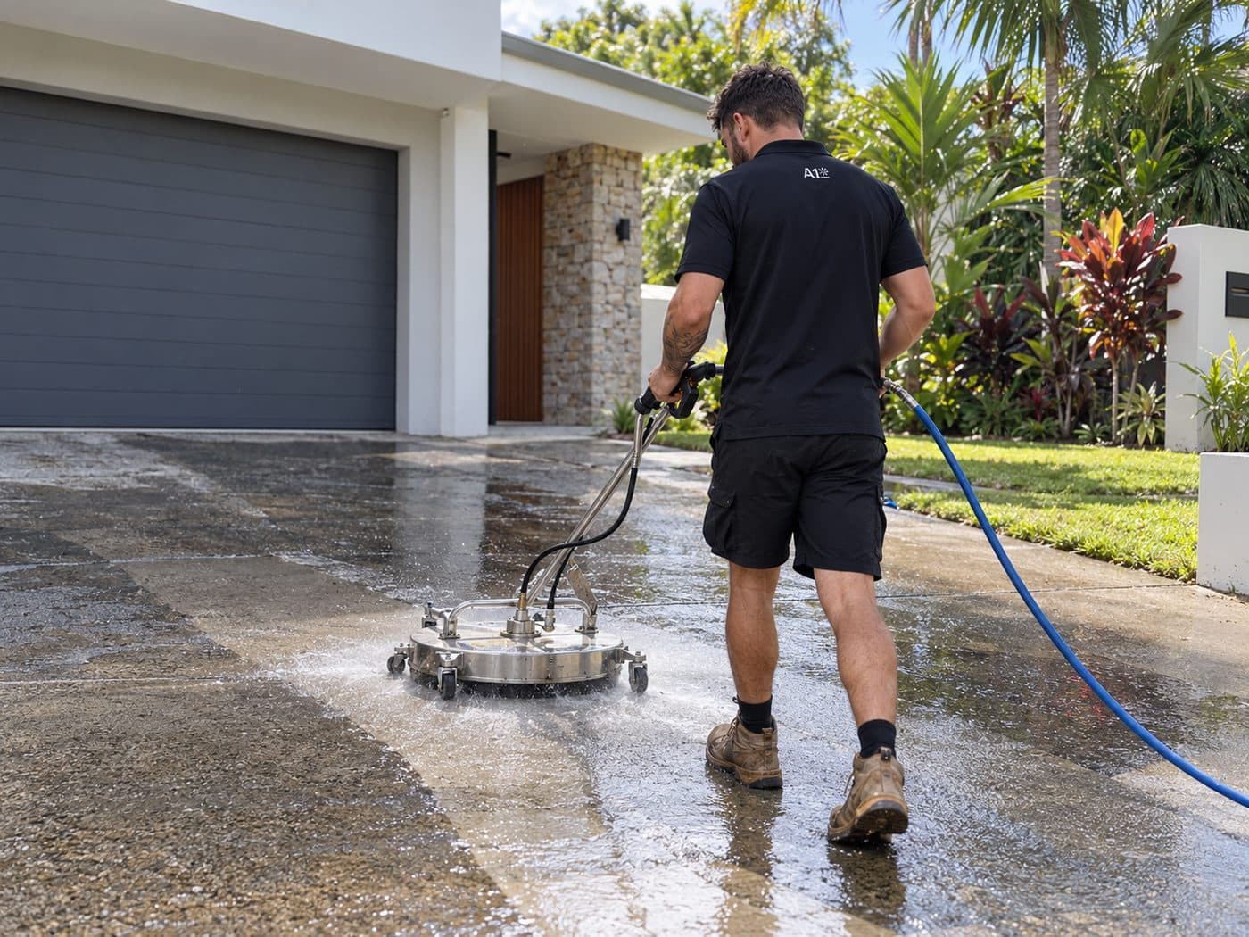 A1 technician pressure cleaning an exposed-aggregate driveway with a rotary surface cleaner