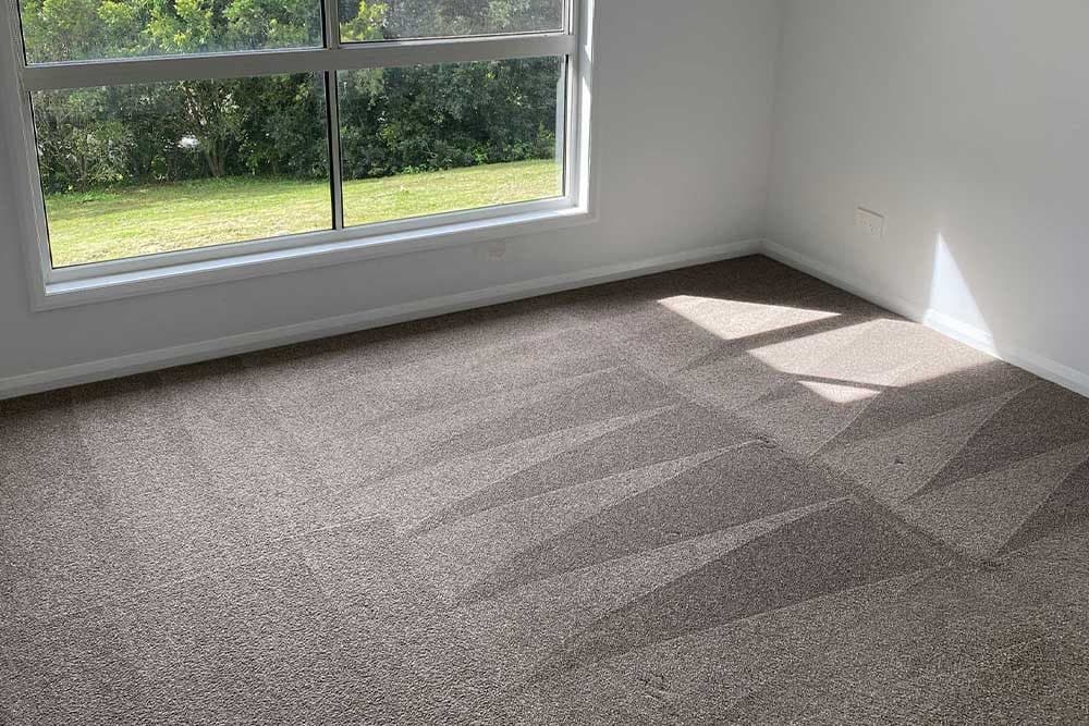 Sunlit bedroom with freshly cleaned carpet drying near an open window